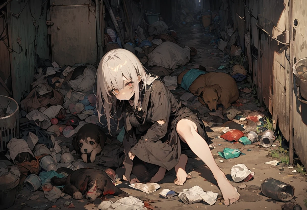 High resolution, masterpiece, Highest quality, Gothic Horror, Half demon girl, (Stray dog bleeding to death, Crying while holding a dead dog),  Bad look in the eyes, Alien, Glittering eyes, Wearing rags, barefoot, corrosion, Slums, Garbage dump, Alienの住人