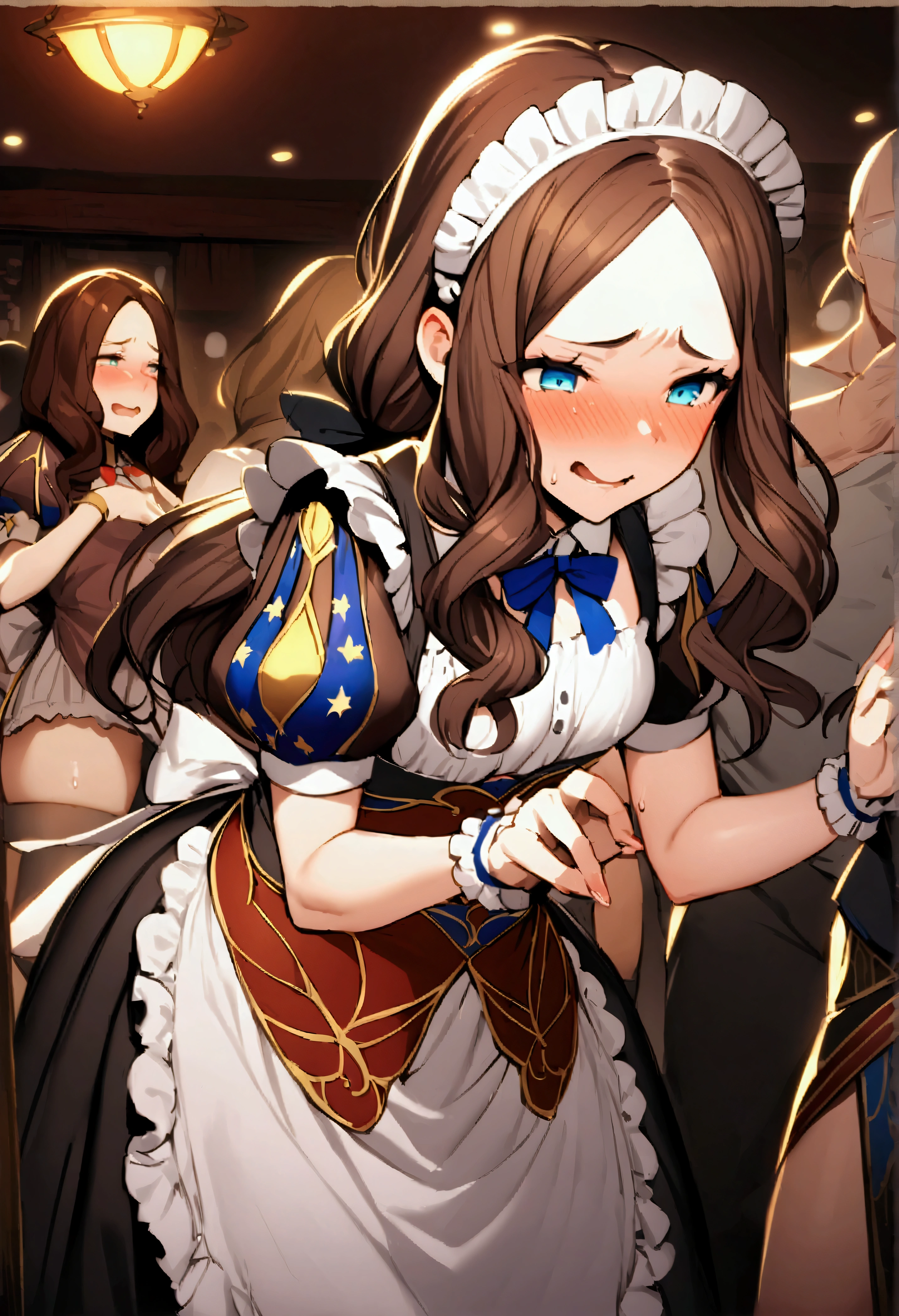 NSFW,masterpiece,Highest quality,High resolution,Very detailed,Leonardo da Vinci\(Fate/grandorder\),blue eyes,Long Hair,Brown Hair,Side Lock,Low Ponytail,ribbon,Short sleeve,Wrist cuff,maid,apron,Headdress, Black knee socks,Small breasts,Bewitching Smile,Embarrassed,Nightlife,pub,(Being molested),(sexual harassment)