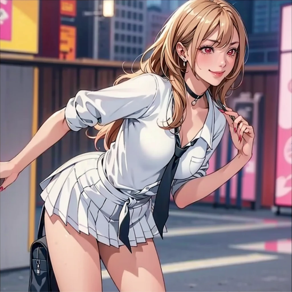 ((Master quality, 8K, masterpiece:1.3, ultra-detailed, high resolution, RAW Photos, detailed , blurry, Actual, ((hyper realistic)), photo, HDR)), BREAK, Anatomically perfect, perfect hands, perfect legs, perfect feet, detailed eyes, BREAK, , kitagawa marin, ((blond long hair, red eyes)) , gyaru, blush, , One girl alone, BREAK, beautiful face, beautiful detailed eyes, , ((( standing )))), , ( Round and Stacked Breasts, ), Cleavage, , , slim waist, (((, seductive smile ))), Sweat-soaked skin, BREAK, wearing( ,  , school uniform, , white shirt,  , jewelry , , ear piercing, earrings, black choker , collared shirt, school bag, nail polish, sparkle, long fingernails, fingernails, , pink nails, selfie, sleeves rolled up, barbell piercing, black necktie, , Wet:1.5, ), Graffiti art, BREAK, ( Random Angle, full-body, ), dynamic angle, , background(Realistic , cinematic lighting, depth of field, outdoor, Department Wah Street, , ((, )), A flirty atmosphere, , , light particles)