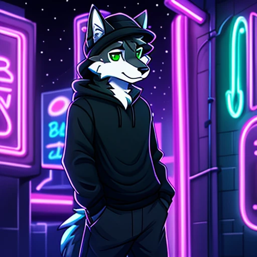 personality、رجلy people、Frey、teenager、Black and white fur、Black sweater with winter hat、green eyes、wolf、ذيل الwolf、clarification、black pants neon lights,Modern neon lights,neon LED