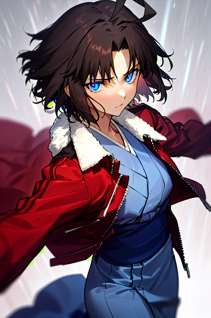 best quality, masterpiece, highres, solo, (dynamic angle), (cool), (hmshiki), Ryougi Shiki, (short hair, ahoge, red jacket, blue eyes, blue kimono, open clothes, fur trim), wield a knife at viewer, red moon, rain_blood rain, portrait, perfect anatomy, perfect proportion, noise removal