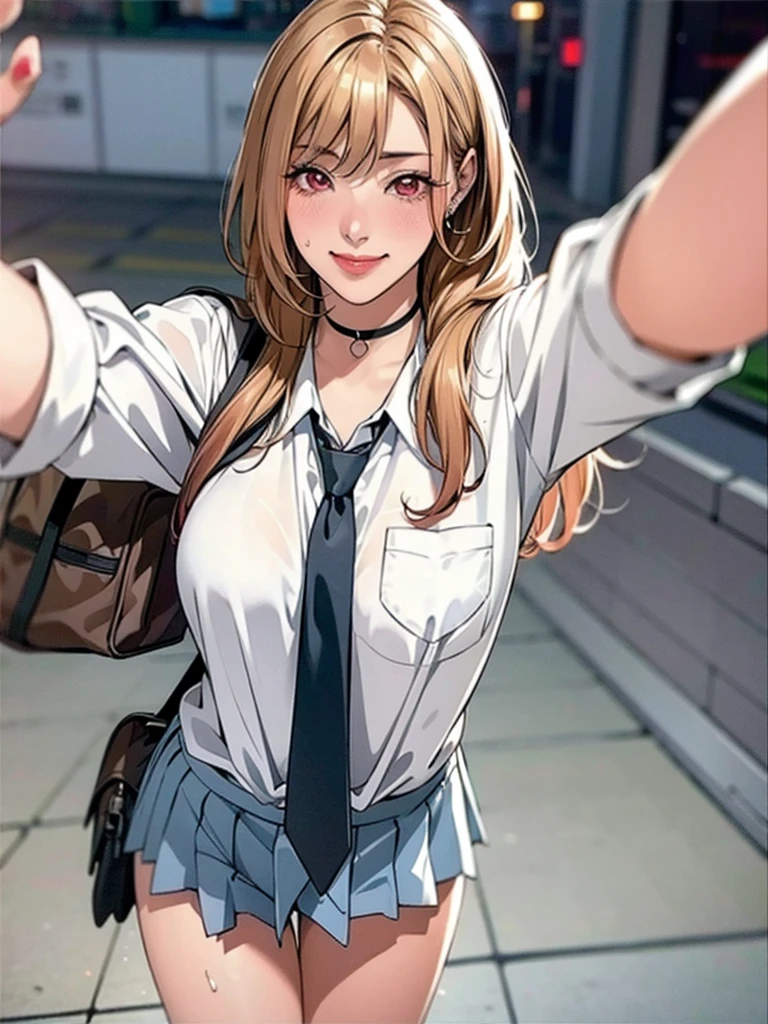 ((Master quality, 8K, masterpiece:1.3, ultra-detailed, high resolution, RAW Photos, detailed , blurry, Actual, ((hyper realistic)), photo, HDR)), BREAK, Anatomically perfect, perfect hands, perfect legs, perfect feet, detailed eyes, BREAK, , kitagawa marin, ((blond long hair, red eyes)) , gyaru, blush, , One girl alone, BREAK, beautiful face, beautiful detailed eyes, , ((( standing )))), , ( Round and Stacked Breasts, ), Cleavage, , , slim waist, (((, seductive smile ))), Sweat-soaked skin, BREAK, wearing( ,  , school uniform, , white shirt,  , jewelry , , ear piercing, earrings, black choker , collared shirt, school bag, nail polish, sparkle, long fingernails, fingernails, , pink nails, selfie, sleeves rolled up, barbell piercing, black necktie, , Wet:1.5, ), Graffiti art, BREAK, ( Random Angle, full-body, ), dynamic angle, , background(Realistic , cinematic lighting, depth of field, outdoor, Department Wah Street, , ((, )), A flirty atmosphere, , , light particles)