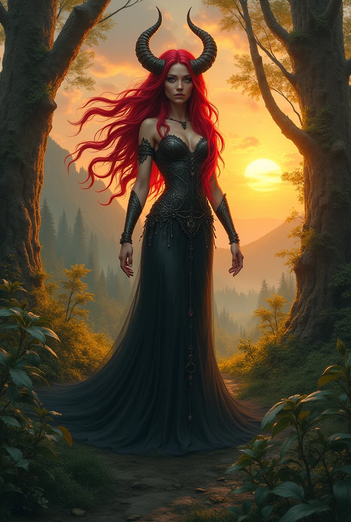 Red-haired woman with wolf ears and tail, with thin arms but with strength