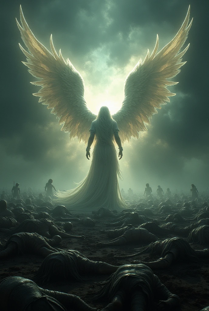 After the battle, the armored skeleton kneels before the beautiful angel, but the angel looks at him, offended. no angel's face is visible