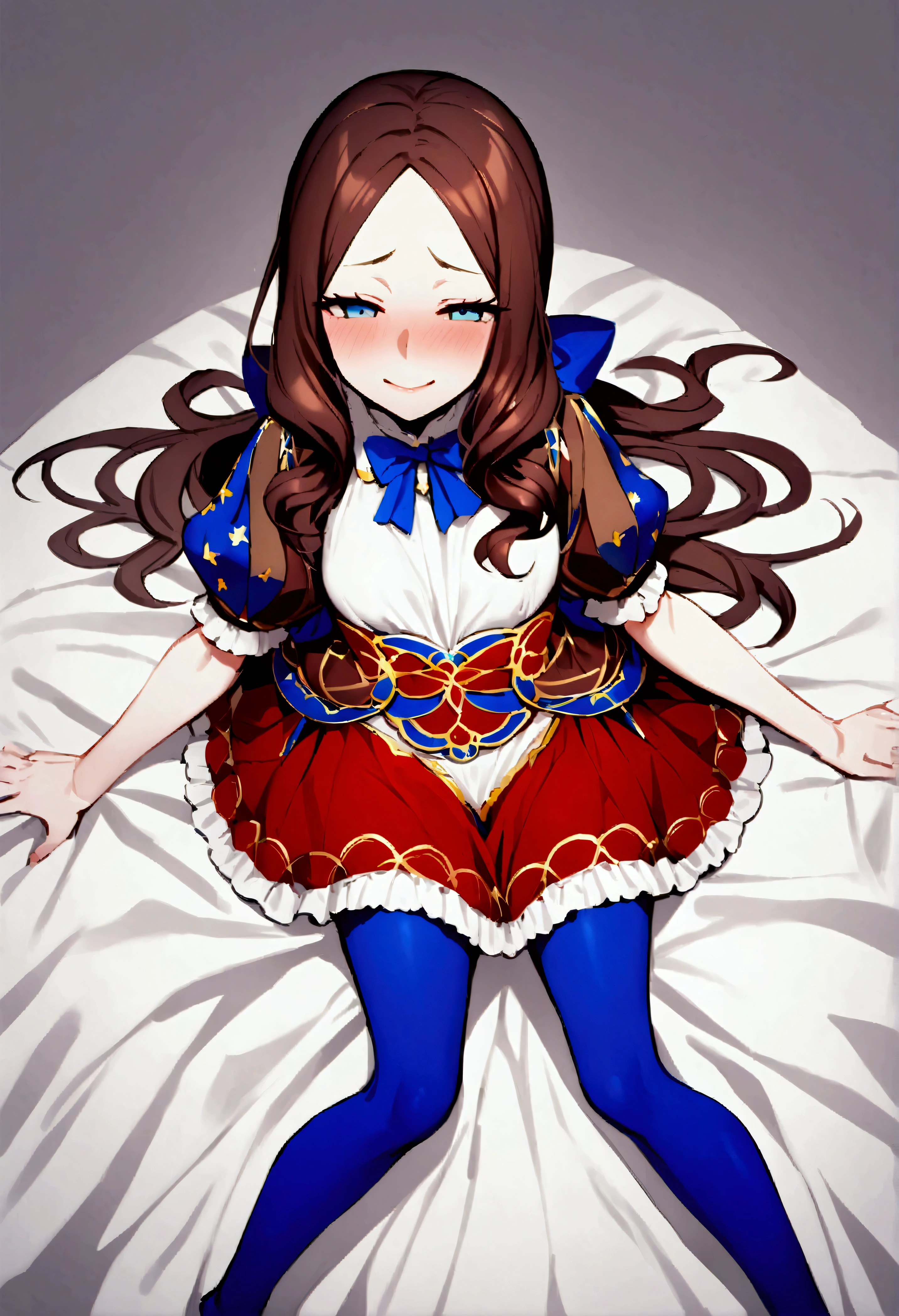 NSFW,masterpiece,Highest quality,High resolution,Very detailed,Leonardo da Vinci\(Fate/grandorder\),blue eyes, Long Hair, Brown Hair, Side Lock, Low Ponytail, ribbon, dress, White shirt, Puff sleeves, Short sleeve, Red Skirt, Cape, Blue Pantyhose,Small breasts,Lustful face,Estrus,Seduce,Master Room,White Room,bed,Spread your legs,Stretch your arms forward,Lying down,Lying on your back,From above