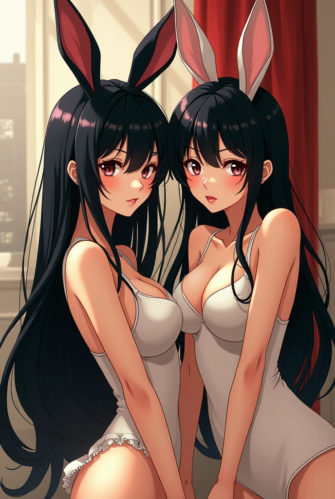 2 girl 1 girl has long dark hair, big boobs and huge ass, 2 girl has cat ears, cat tail and cat eyes, big boobs and giant ass