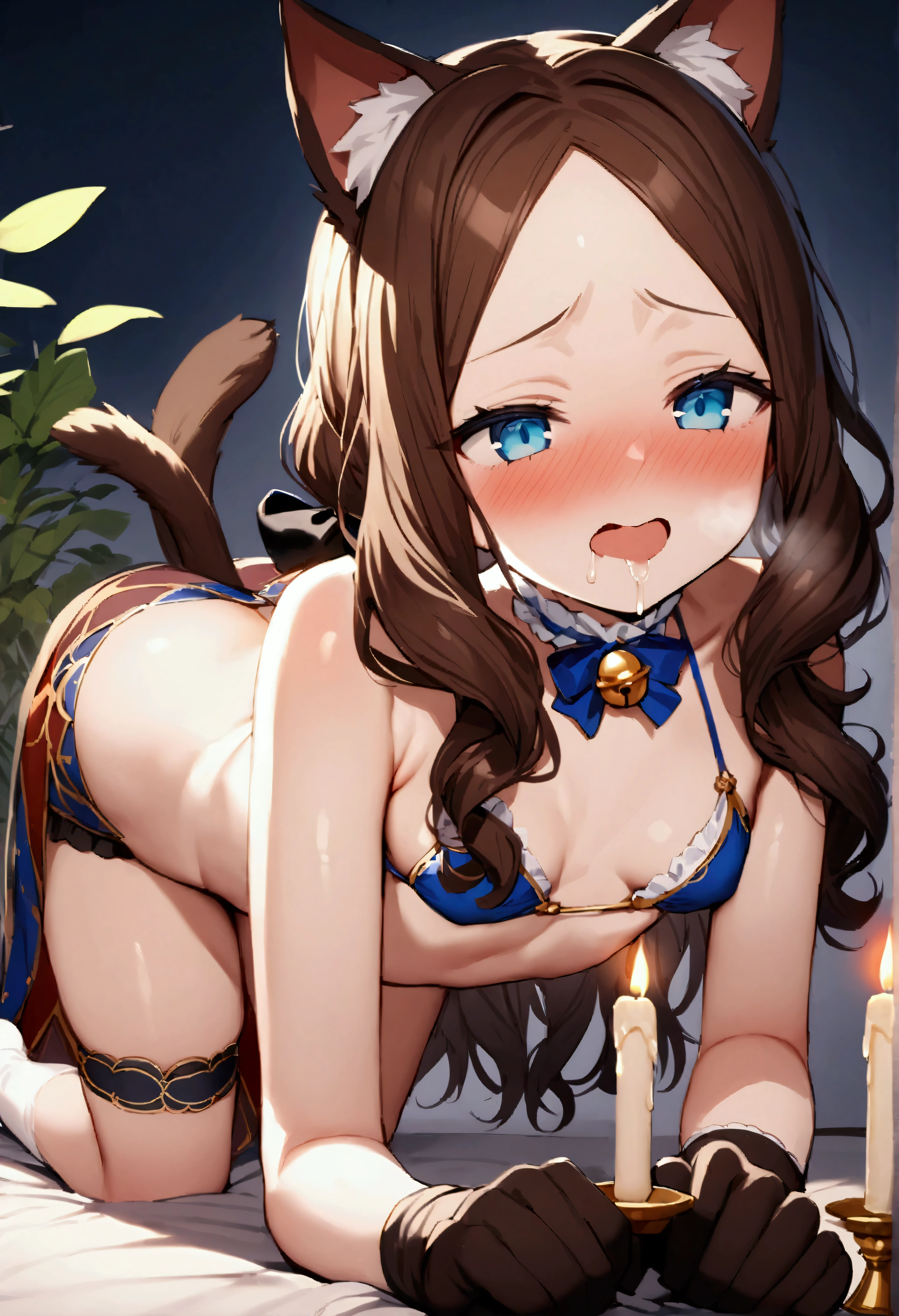 NSFW,masterpiece,Highest quality,High resolution,Very detailed,Leonardo da Vinci\(Fate/grandorder\),blue eyes,Long Hair,Brown Hair,Side Lock,Low Ponytail,ribbon,Cat ears headband,tail,Bell Collar,White Halter Neck Bikini,White knee socks,Thigh straps,Cat gloves,Small breasts,Blank Face,blush,Drooling,Night massage parlor,Foliage plant,aroma Candle,Prone