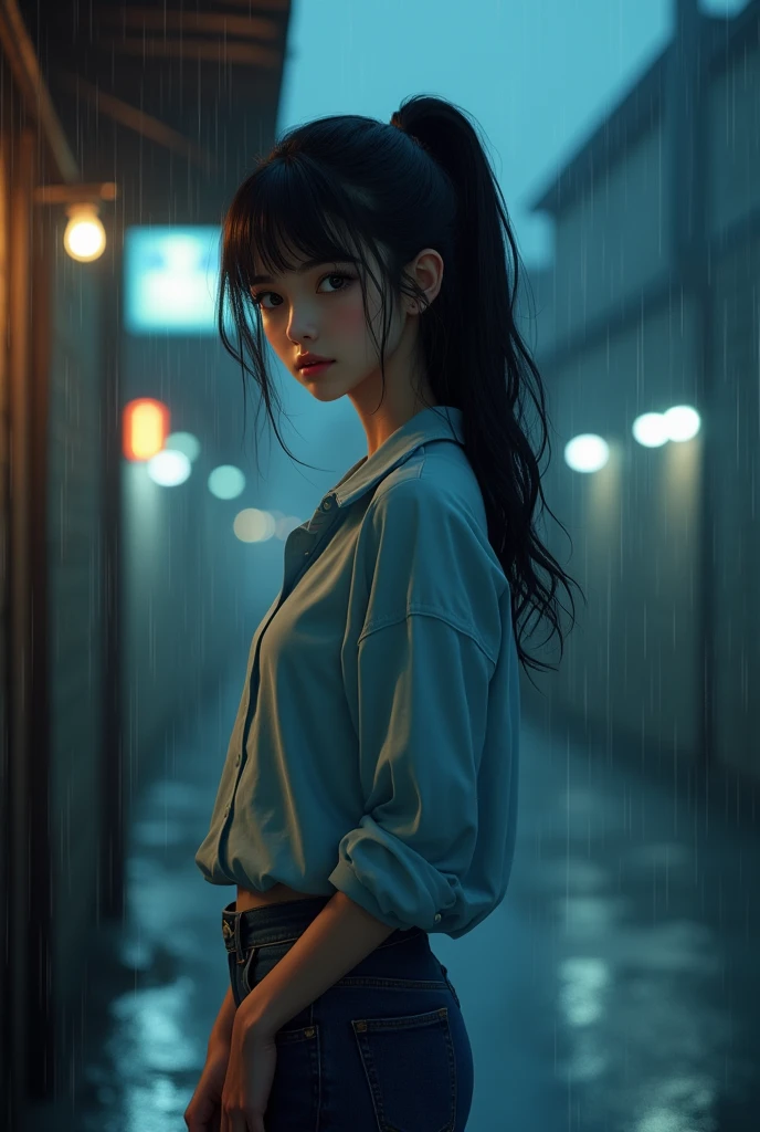 One adult woman,high quality,anime,Brown Hair,Big Breasts,Ｊcup,White short sleeve shirt,Wet shirt,Sticky shirt,The black underwear underneath the shirt is visible,Black Skirt,Suit skirt,Guerrilla rainstorm,Glowing wet skin,Rain pours down on her,Sparkling water droplets,In the rainy city,Moody lighting,Windblown Hair,Hurry home,panicked look,Splash,Romantic atmosphere,anime,