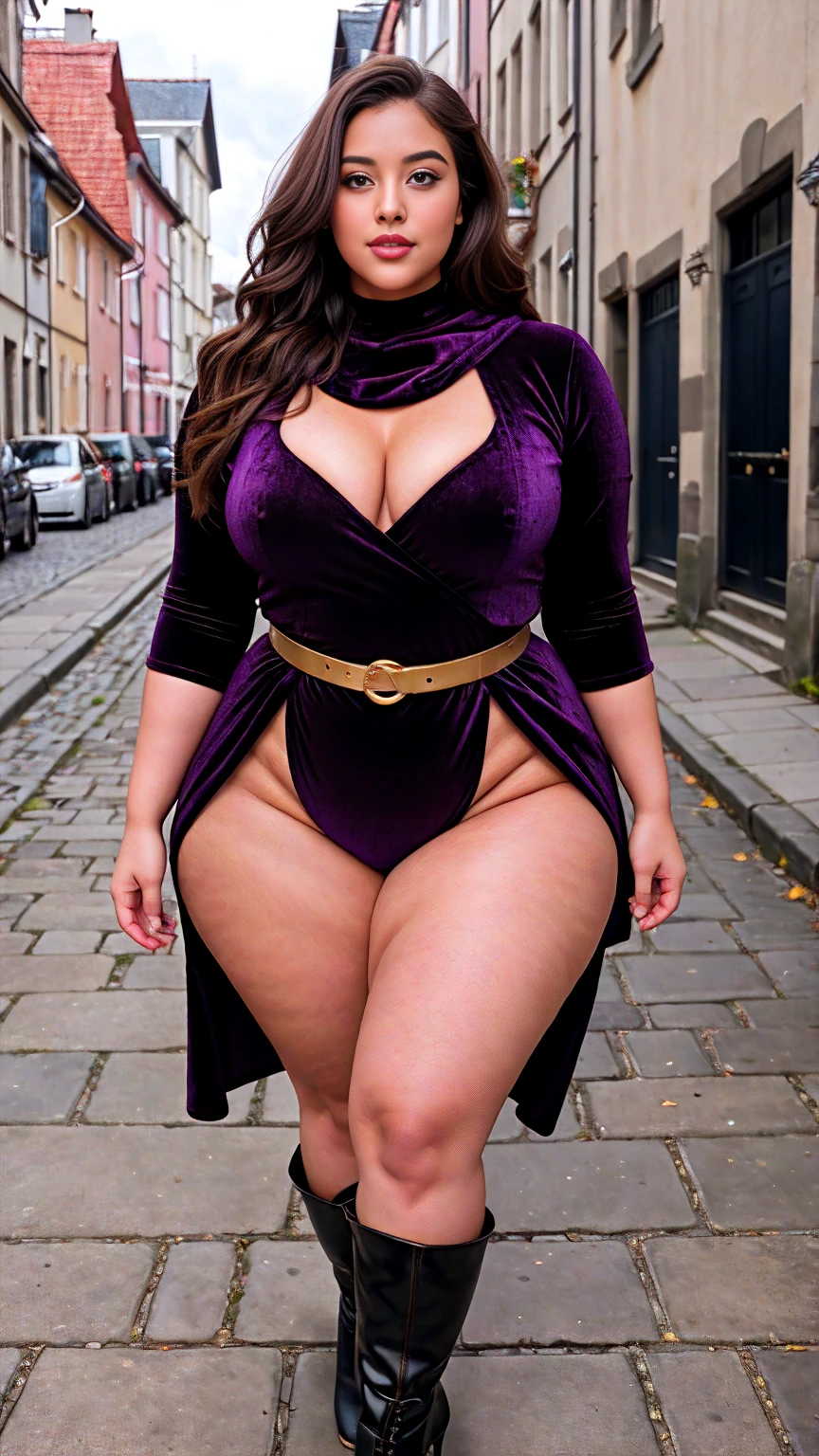 full bodyesbian，Drow Elves，(White hair)，Black skin，pointy ears，Pink love pupils，Happy expression，Customs，Sex practitioners，Collar，Nipple rings，Lace lingerie big breasts，Purple transparent cloak，voluptuous figure，simplebackground，themoon，the night，Uninhabited city alleys，Gloomy sky，Wife-like feeling，Prostitutes，4 months pregnant，Pregnant women with，slender leg，pretty high-heel，（Speaking heart：1.4）