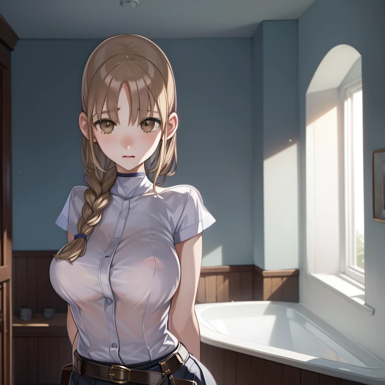 (Highest quality, masterpiece, High resolution:1.1),Use natural light and colour, Hyper-detailed clothes, Cinematic Light, One girl,amount, Embarrassing ,blush, Braided short hair, Beautifully shaped, upward-facing breasts, Chest belt,race, In the changing room, Upper Body,(Transparent shirt:1.4), Against the light from the window, Large windows, (body silhouette:1.4), Diagonally below、Give light to the face with a reflector