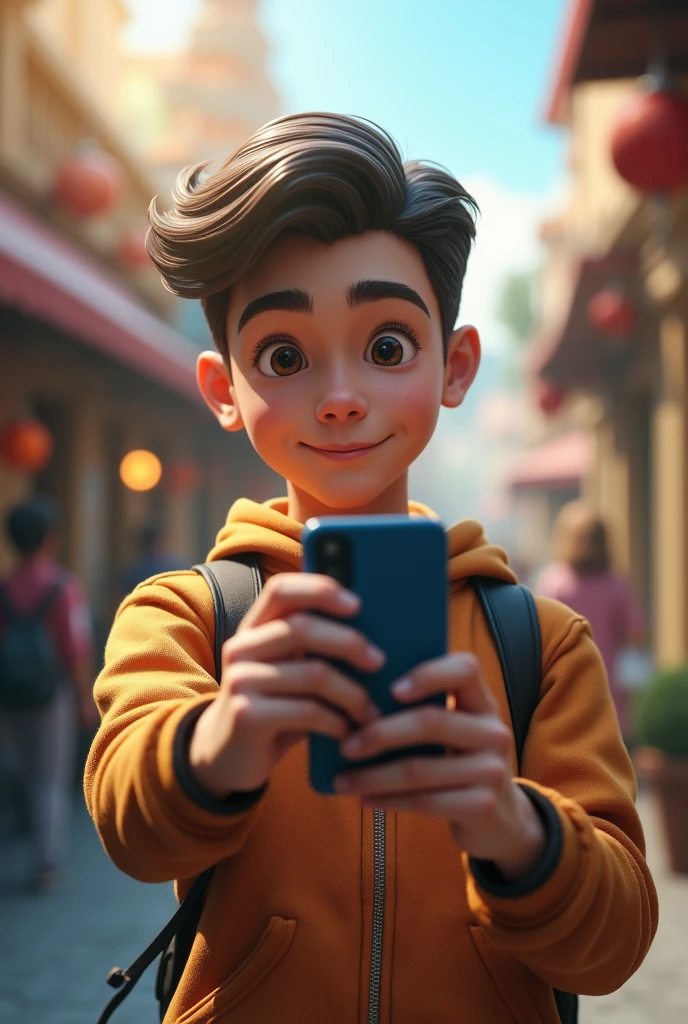 (photorealism:1.2), a boy showing his first expression on his i phone 16 pro Max and he gives reality of new i phone Which people should buy or not. Background full of activities to using iphone 