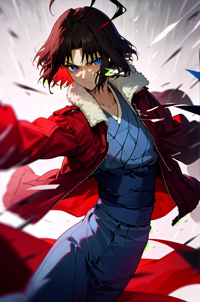 best quality, masterpiece, highres, solo, (dynamic angle), (cool), Ryougi Shiki, (short hair, ahoge, red jacket, blue eyes, blue kimono, open clothes, fur trim), wield a knife at viewer, red moon, rain_blood rain, perfect anatomy, perfect proportion, noise removal