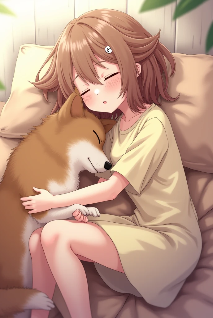 masterpiece, best quality, extremely detailed, anime, Chibi girl, Lolita,short,dog ears, dog tail, brown hair, camisole, sleeping, happy, ((holding a large white business shirt,)) on bed,