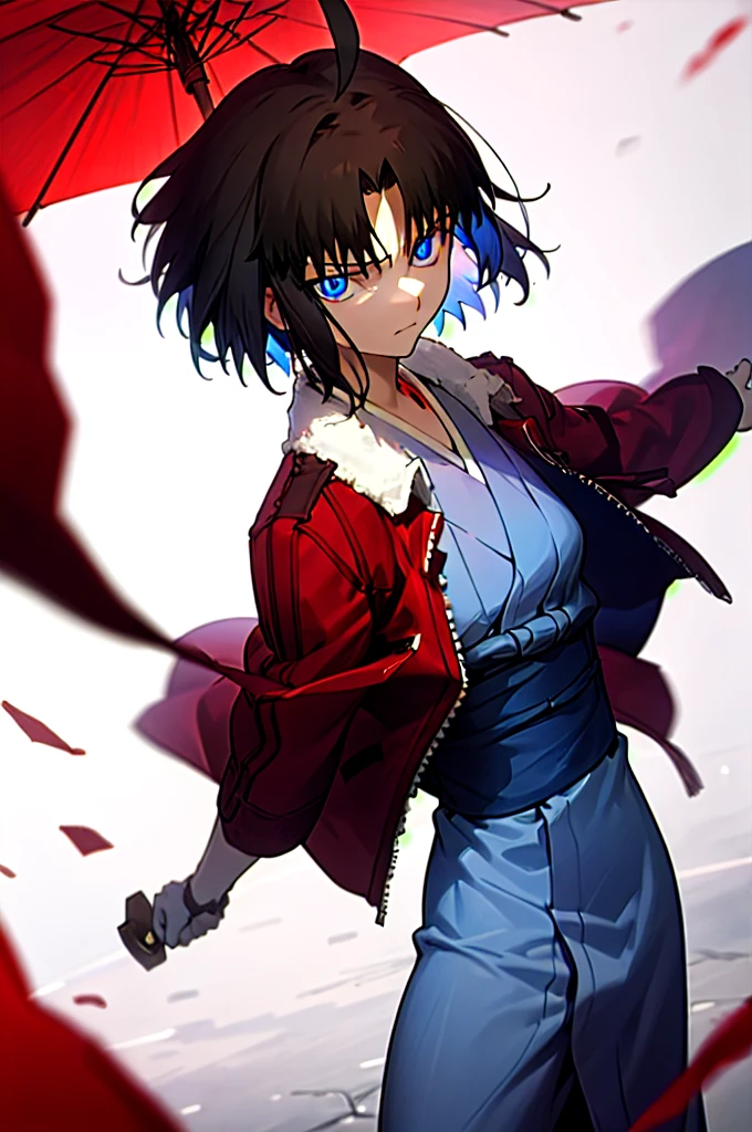 best quality, masterpiece, highres, solo, (dynamic angle), (cool), Ryougi Shiki, (short hair, ahoge, red jacket, blue eyes, blue kimono, open clothes, fur trim), wield a knife at viewer, red moon, rain_blood rain, perfect anatomy, perfect proportion, noise removal