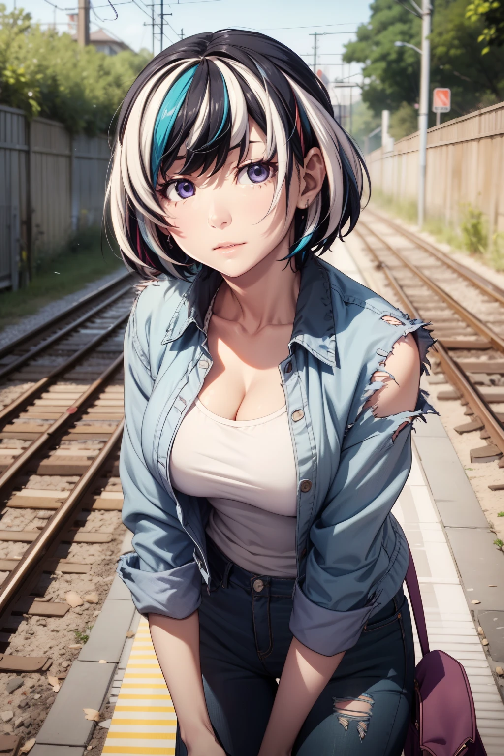 (anime、anime塗り)、masterpiece、Highest quality、High resolution、detailed、One girl、solo、Blue bag、Blue pants、White shirt、Torn clothes、Torn Shirt、Torn jacket、Torn Pants、hanekawa01、short hair、Black Hair、Purple Eyes、Gray Hair、Multicolored Hair、Two-tone hair、Striped Hair、Big Breasts:1.2、Close-up、Are standing、Putting your hands on your chest、On the tracks、whole body、Cleavage