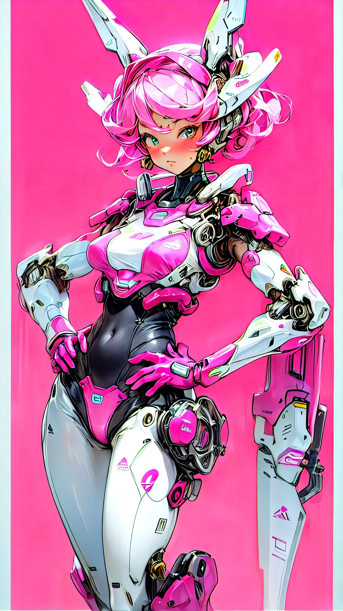 anime girl with pink hair and a pink outfit holding a gun, cyber space cowboy, anime robotic mixed with organic, rococo cyberpunk, alice in wonderland cyberpunk, portrait anime space cadet girl, inspired by Victor Mosquera, anime mecha aesthetic, highly detailed exquisite fanart, decora inspired illustrations, anime cyberpunk art, mecha asthetic, fully robotic!! catgirl