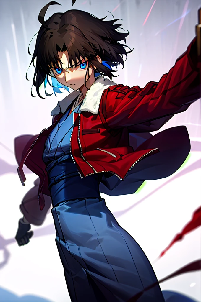 best quality, masterpiece, highres, solo, (dynamic angle), (cool), Ryougi Shiki, (short hair, ahoge, red jacket, blue eyes, blue kimono, open clothes, fur trim), wield a knife at viewer, red moon, rain_blood rain, perfect anatomy, perfect proportion, noise removal