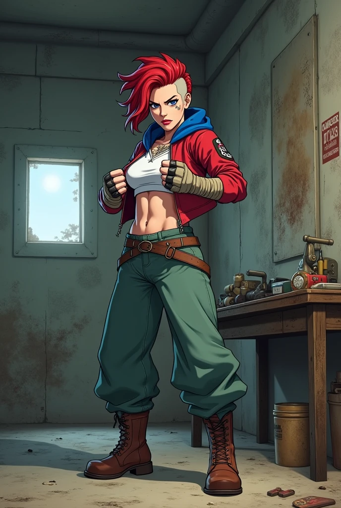 (masterpiece, best quality:1.2), <lora:discreenvisionv2:1>, discreenvision, 1girl, backwards hat, solo, braid, gloves, baseball cap, hat, jewelry, bracelet, tattoo, pants, chain, hair over shoulder, black gloves, fingerless gloves, belt, brown eyes, torn clothes, long hair, looking at viewer, red hair, denim, necklace, jeans, wide hips,