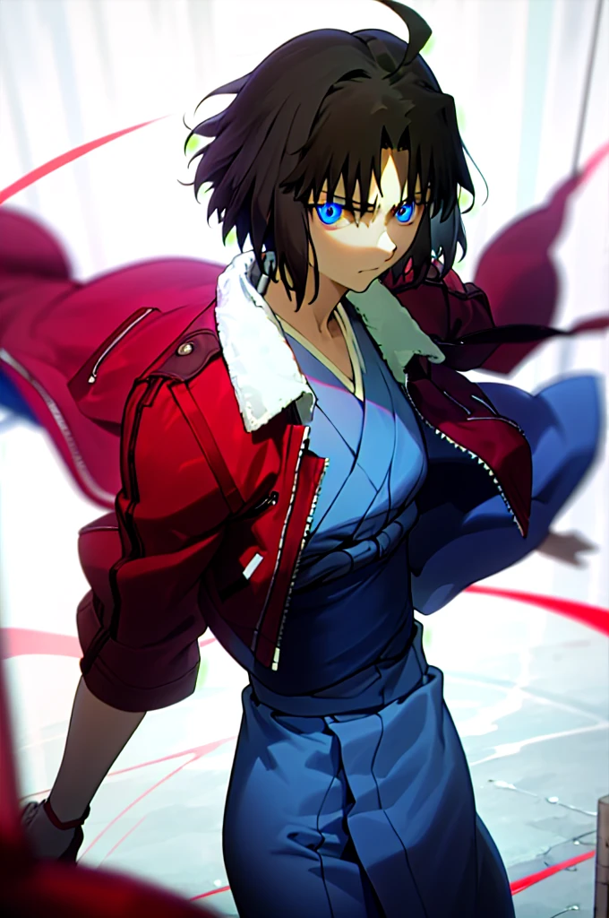 best quality, masterpiece, highres, solo, (dynamic angle), (cool), (ryougi_shiki_karanokyoukai:1.10), (short hair, ahoge, red jacket, blue eyes, blue kimono, open clothes, fur trim), wield a knife at viewer, red moon, rain_blood rain, perfect anatomy, perfect proportion, noise removal