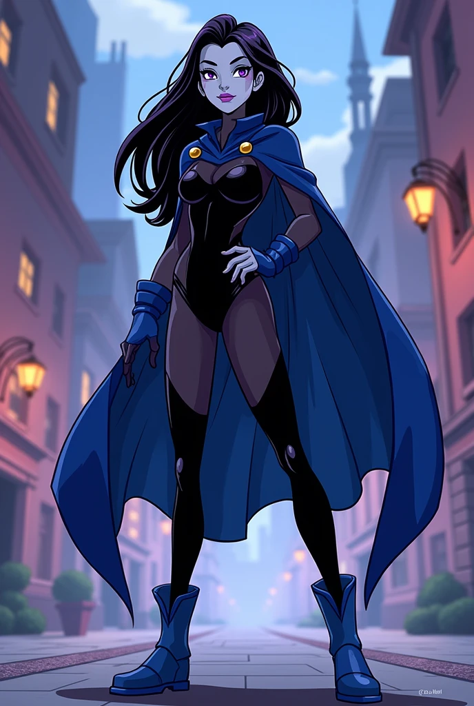 ((Oil painting strokes)), 1girl,solo,RavenTT, dynamic post ,navy-blue cloak, (gigantic breasts:1.2), brooch, leotard, belt,short hair,purple hair, ((slender physique)), purple eyes,black lipstick,grey skin,curvy,wide hips, Thepit style