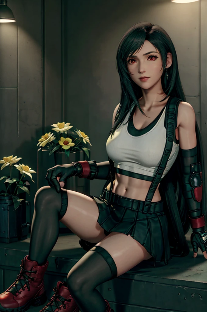 Tifa Lockhart, Final Fantasy VII Remake, One girl, ankle boots, Black Hair, black skirt, black Knee socks, boots, chest, Cityscape, Crop top, elbow gloves, Elbow pads, fingerless gloves, whole body, gloves, Headrest, lips, Long Hair, View your viewers, low-tied Long Hair, medium chest, nose, Red eyes, Red footwear, sign, 片Elbow pads, Sitting with legs apart, skirt, alone, Sporting goods, suspender skirt, Panties,suspenders, Tank top, Knee socks, white Tank top, Midgar, Green light, night, Yellow Flower, ((((masterpiece))))
