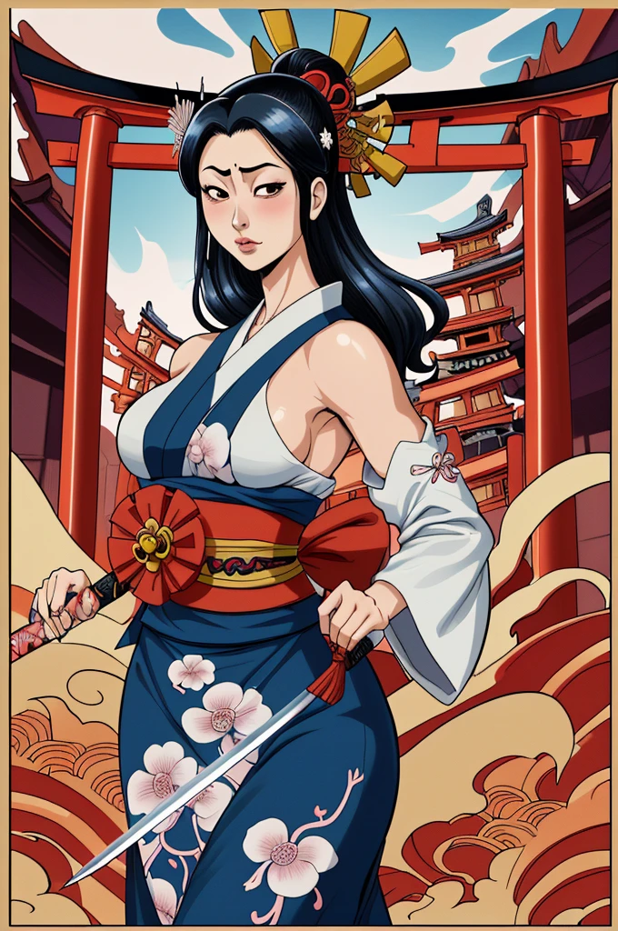 a woman in a dress holding a sword, by Eddie Mendoza, inspired by Eiichiro Oda, Inspired by Torii Kiyonobu I, Inspired by Hishikawa Moronobu, japanese art style, Inspired by Suzuki Harunobu, traditional japanese conceptual art, inspired by Torii Kiyonaga, organic seductive geisha