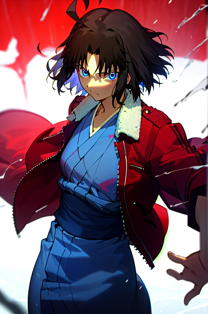 best quality, masterpiece, highres, solo, (dynamic angle), (cool), (ryougi_shiki_karanokyoukai:1.10), (short hair, ahoge, red jacket, blue eyes, blue kimono, open clothes, fur trim), wield a knife at viewer, red moon, rain_blood rain, perfect anatomy, perfect proportion, noise removal