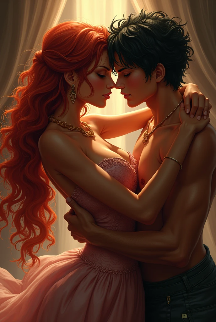 (manhwa anime style)
Make two men kissing, one with long, curly red hair, and one tall and muscular with long, black hair, (both are Greek princes) (Both are MEN)