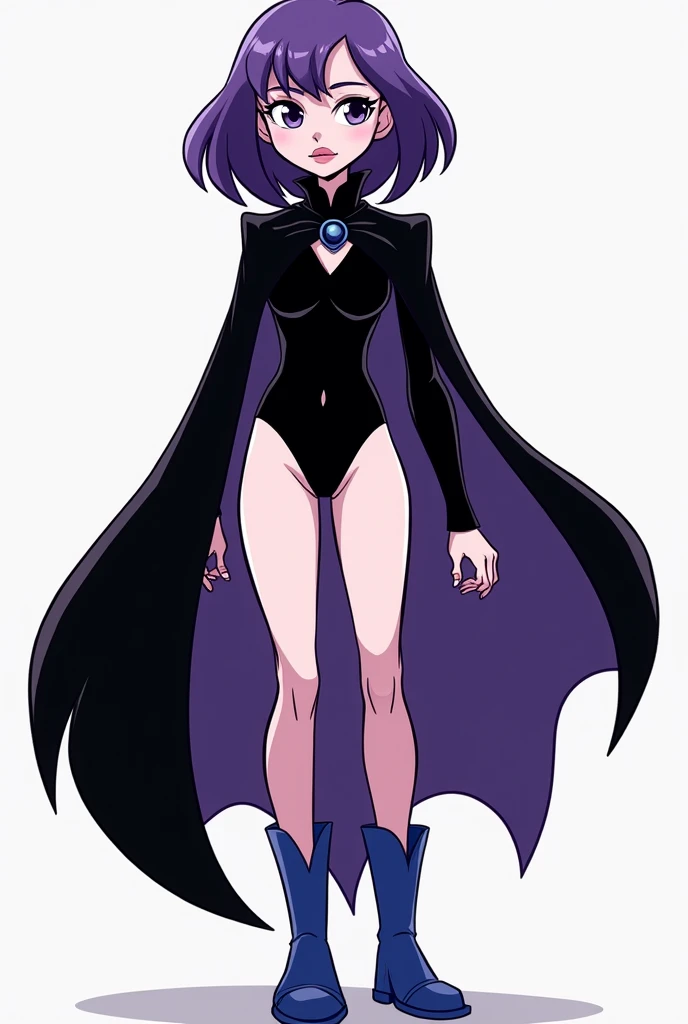 JinxTT, gray skin, solo, standing,1girl, mischievous smile, thin female, wide hips, purple capelet, choker, completely nude, pussy, baggy sleeves, black detached sleeves, striped thighhighs, black platform boots
