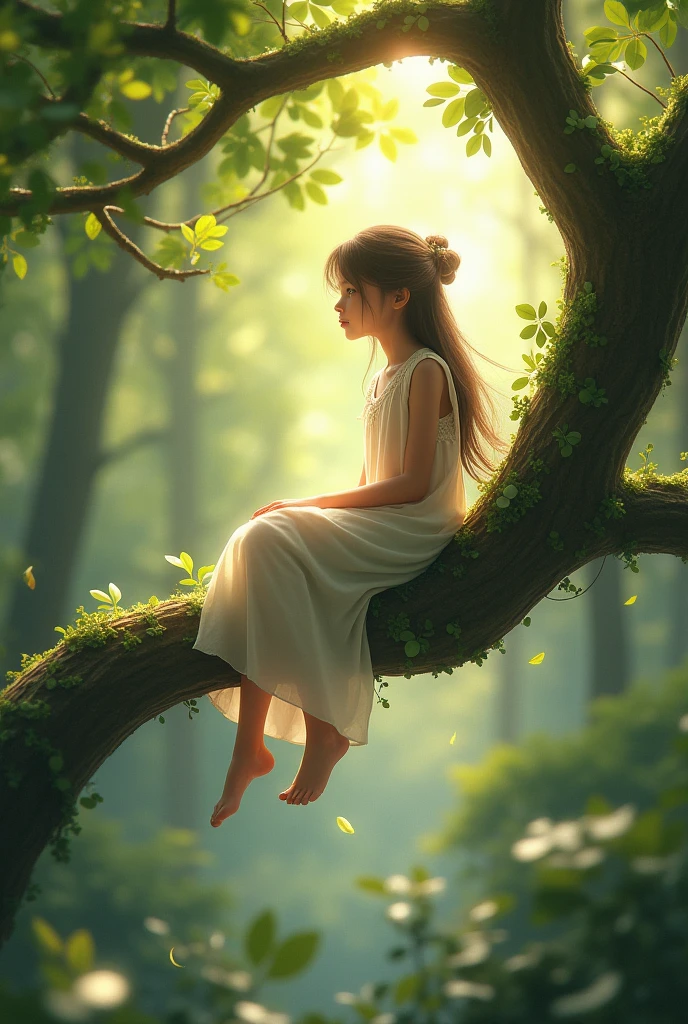 Girl on big tree in forest 