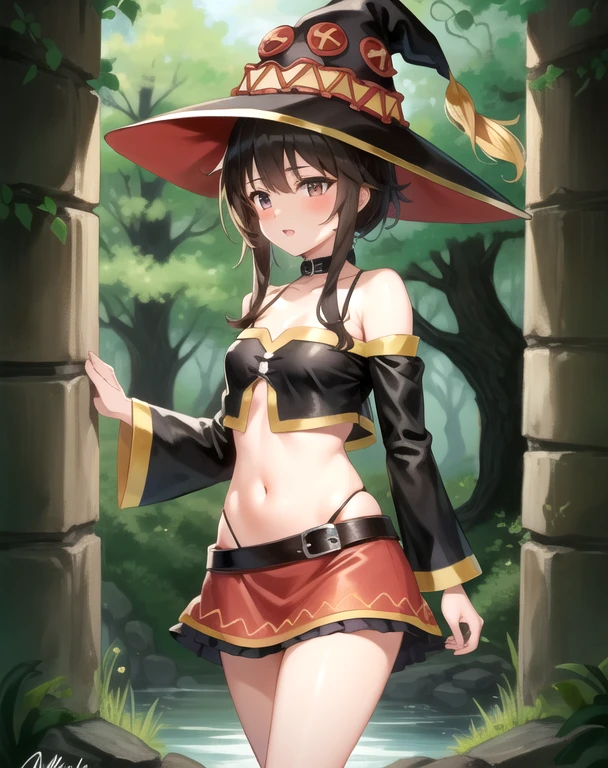 (NSFW 10.0) girl, dark skin, Megumin, areola, , undressing, forest, witch hat, Konosuba,lewd, black thong, ass, laying down, on stomach