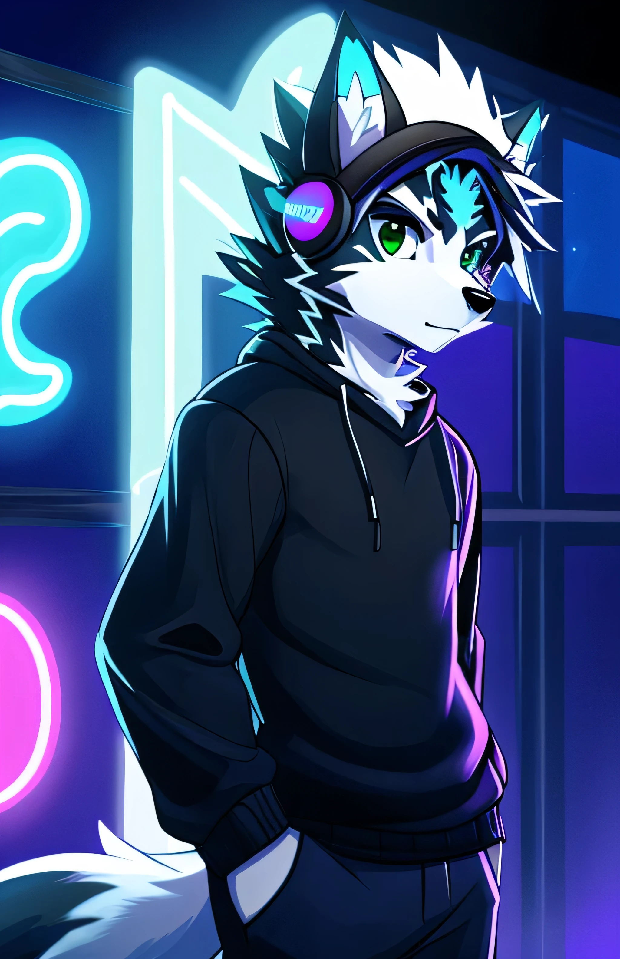 personality、رجلy people、Frey、ager、Black and white fur、Black sweater with winter hat、green eyes、wolf、ذيل الwolf、clarification、black pants neon lights,Modern neon lights,neon LED,wearing headphones