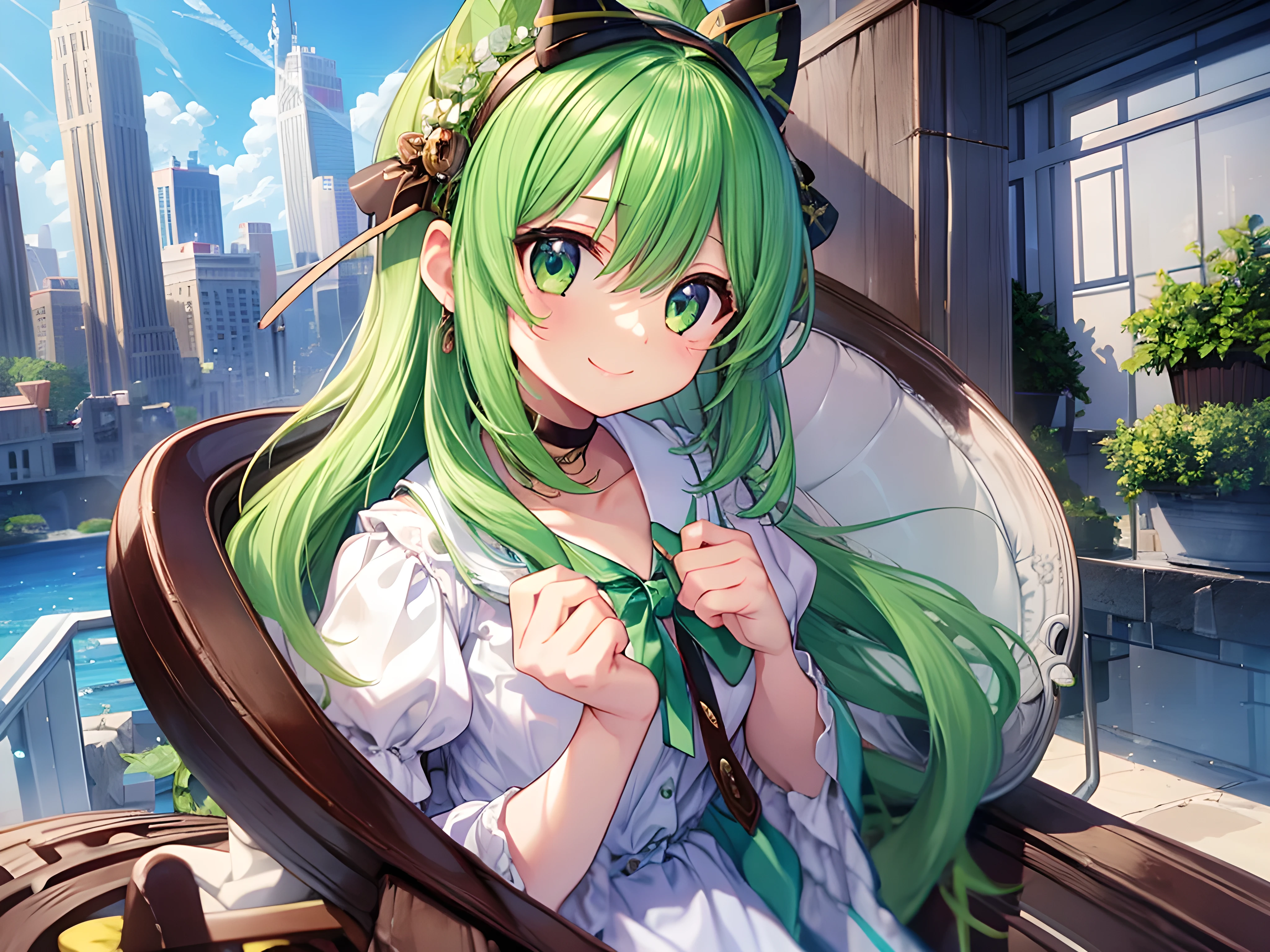 Green green hair,red color eyes,White silk pantyhose