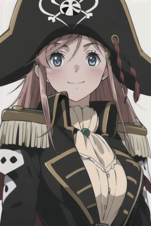 masterpiece, best quality, 1girl, detailed face and eyes, big breasts, cleavage, Katou Marika, (black pirate costume), long coat, belt, (black pirate hat), looking at the viewer, facing the viewer, (light smile), blush,  (simple white background)