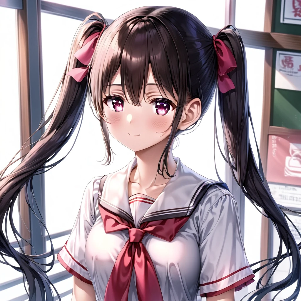 (((perfect ???????, super detailed skin)))), 1 girl, japanese, 14 years old, white skin, shiny skin, large breasts:0.5, watching the view, (embarrassed:1.2), 
(beautiful scenery), summer, morning, (inside the classroom), ((standing, skirt lift by myself)), 
beautiful detailed eyes, (long hair:1.4, twintails:1.7), babyface, , breast, mole under eye, 
((navy cute school uniform, short sleeves, navy pleated skirt, sailor collar, red scarf, extremely sexy, white panties, thong, crotch, seductive thighs, camel toe)), 
(8k, best quality, masterpiece​, extremely detailed), (photorealistic), illustration, cinematic lighting,