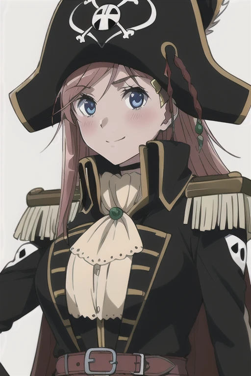 masterpiece, best quality, 1girl, detailed face and eyes, big breasts, cleavage, Katou Marika, (black pirate costume), long coat, belt, (black pirate hat), looking at the viewer, facing the viewer, (light smile), blush,  (simple white background)