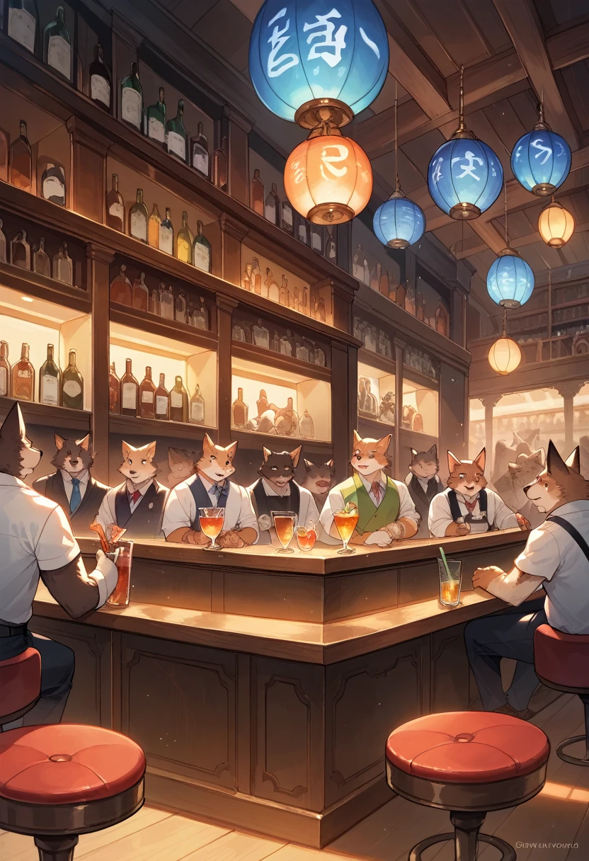 top quality, best quality, High-quality illustrations, masterpiece, super high resolution, detailed background, bartender, bar, cocktail, 6+boys, 6+girls, absurdres(highly detailed beautiful face and eyes)perfect anatomy, expression, good lighting, cinematic shadow(kemono, furry anthro)assorted poses, dynamic angle,