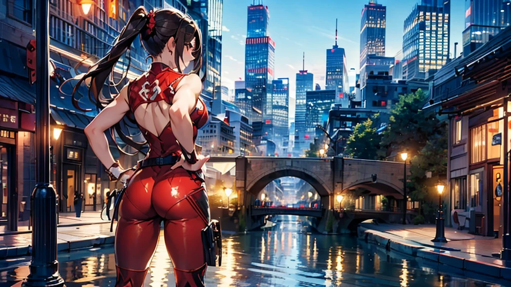 (masterpiece, best quality), intricate details, 8k, artstation, wallpaper, official art, splash art, sharp focus,, 1girl, long hair, twin tails, red eyes, brown hair, ,red jsuper jumpsuit  , skyscrapers, night city, buildings, cars, street, battle stance, back turned to viewers