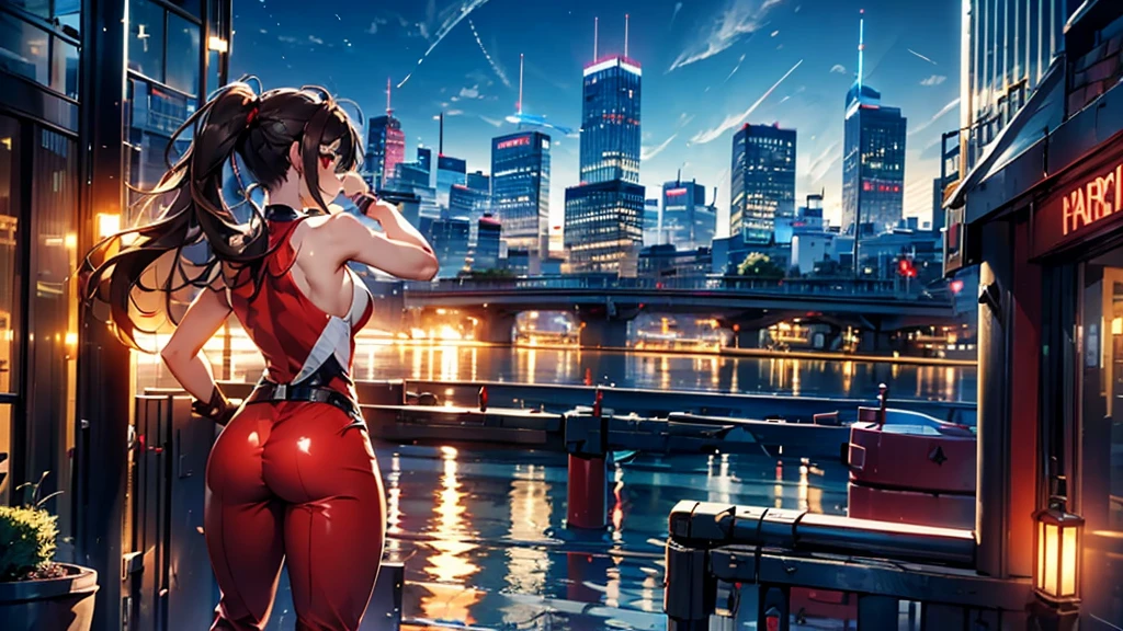 (masterpiece, best quality), intricate details, 8k, artstation, wallpaper, official art, splash art, sharp focus,, 1girl, long hair, twin tails, red eyes, brown hair, ,red jsuper jumpsuit  , skyscrapers, night city, buildings, cars, street, battle stance, back turned to viewers