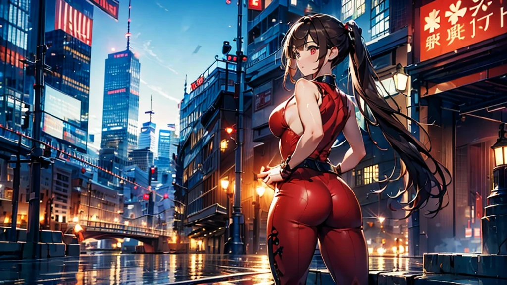 (masterpiece, best quality), intricate details, 8k, artstation, wallpaper, official art, splash art, sharp focus,, 1girl, long hair, twin tails, red eyes, brown hair, ,red jsuper jumpsuit  , skyscrapers, night city, buildings, cars, street, battle stance, back turned to viewers