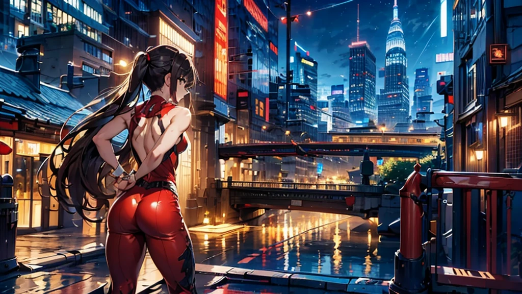 (masterpiece, best quality), intricate details, 8k, artstation, wallpaper, official art, splash art, sharp focus,, 1girl, long hair, twin tails, red eyes, brown hair, ,red jsuper jumpsuit  , skyscrapers, night city, buildings, cars, street, battle stance, back turned to viewers