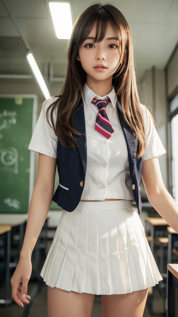 Product quality,1 girl,(Shooting from below:1.4),(Thigh Emphasis:1.4),Young and pretty girl in Japan,Daytime, (High school classroom:1.2),(Short sleeve shirt:1.3),(Schoolgirl uniform:1.3),(blazer:1.3), (White ultra short pleated mini skirt:1.5),(No pants:1.3),Very cute face,Glossy Lips,Beautiful big eyes,Brown eyes,Double eyelids on both eyes,(Natural Makeup),shiny smooth light brown long hair,,,Asymmetrical bangs,Floating Hair NovaFrog Style,Center image,8k resolution,Attention to detail,Detailed hairstyle,Detailed face,Cinema Lighting,Octane Rendering,Ultra-realistic,Perfect limbs,Beautiful legs,Voluptuous thighs,Huge breasts,Perfect Anatomy,Spread your legs,(Provocative dynamic pose:1.3)