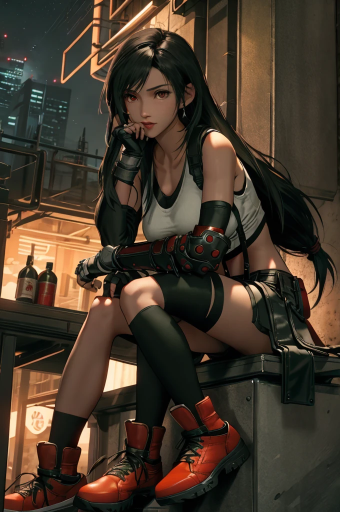 Tifa Lockhart, Final Fantasy VII Remake, ankle boots, Black Hair, black skirt, black Knee socks, boots, Big Breasts, Cityscape, Crop top, elbow gloves, Elbow pads, fingerless gloves, whole body, gloves, Headrest, lips, Long Hair, View your viewers, low-tied Long Hair, , nose, Red eyes, Red footwear,片Elbow pads, Sitting, skirt, alone, Sporting goods, suspender skirt, suspenders, Tank top, Knee socks, white Tank top, Panties,Midgar, Green light, night, Yellow Flower, masterpiece,Highest quality,High resolution,Accurate human body,Two arms,Two Legs,The correct five fingers,True to prompts,Cinema Lighting,
