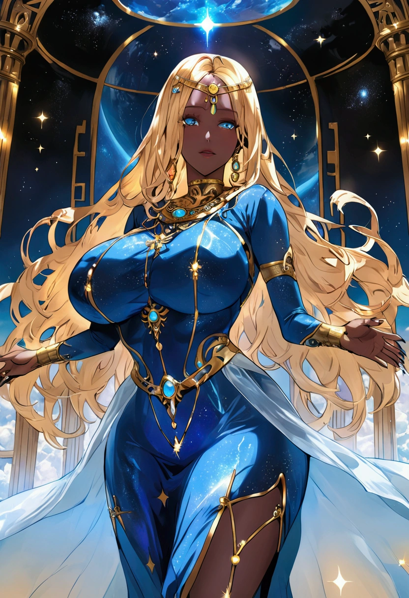 A magical goddess inside a palace in space wearing a blue God dress with some gold and red details with her having long golden hair and black skin and having cyan blue eyes as she has big breasts and a huge ass and big thighs and big and giant breasts she has big blue nails as she floats through the palace in space with her sending magic to everything around her she is very happy