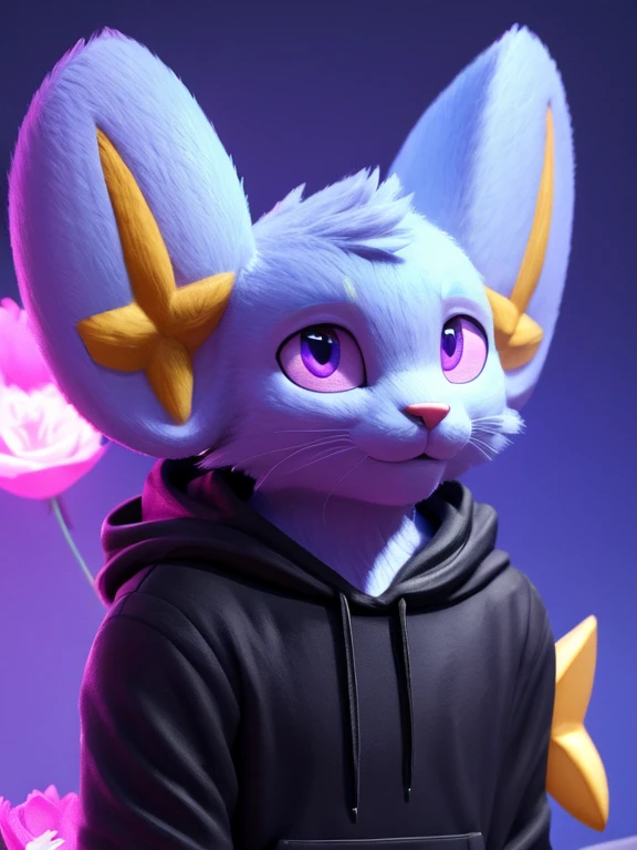  Furry, Cat, shinx, male, Wearing a Hoodie, many pink and violet peony flowers, blue background, highy detailed, hyperrealisti, 3d, octane rendering, shiny colors, digitalpainting, trend in artstation, sharp focus,