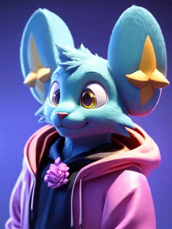  Furry, Cat, shinx, male, Wearing a Hoodie, many pink and violet peony flowers, blue background, highy detailed, hyperrealisti, 3d, octane rendering, shiny colors, digitalpainting, trend in artstation, sharp focus,