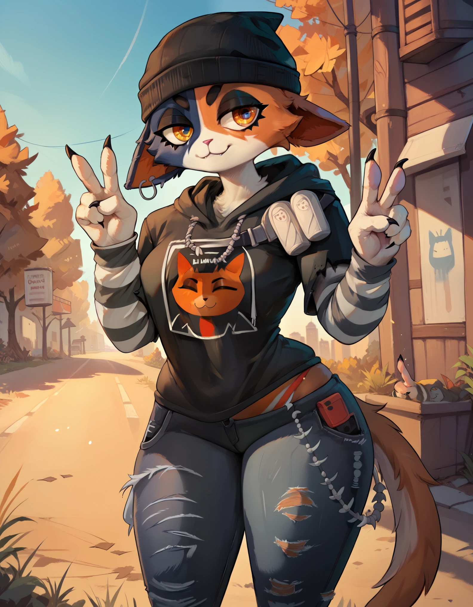 Score_9, score_8_up, score_7_up, score_6_up, 1girl, Meowskullsxl, anthro, cat girl, animal ears, multicolored fur, black fur, orange fur, orange eyes
beanie, printed hoodie, striped sleeves, torn jeans, standing, outdoors, peace sign, 