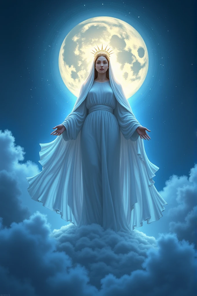 Cinematic soft lighting illuminates a stunningly detailed and ultra-realistic, details of this 16k photography masterpiece, Mary, mother of Jesus, with the baby Jesus Christ in her arms, she is stepping on the moon, Mary has twelve small suns floating on her head as if it were a crown,