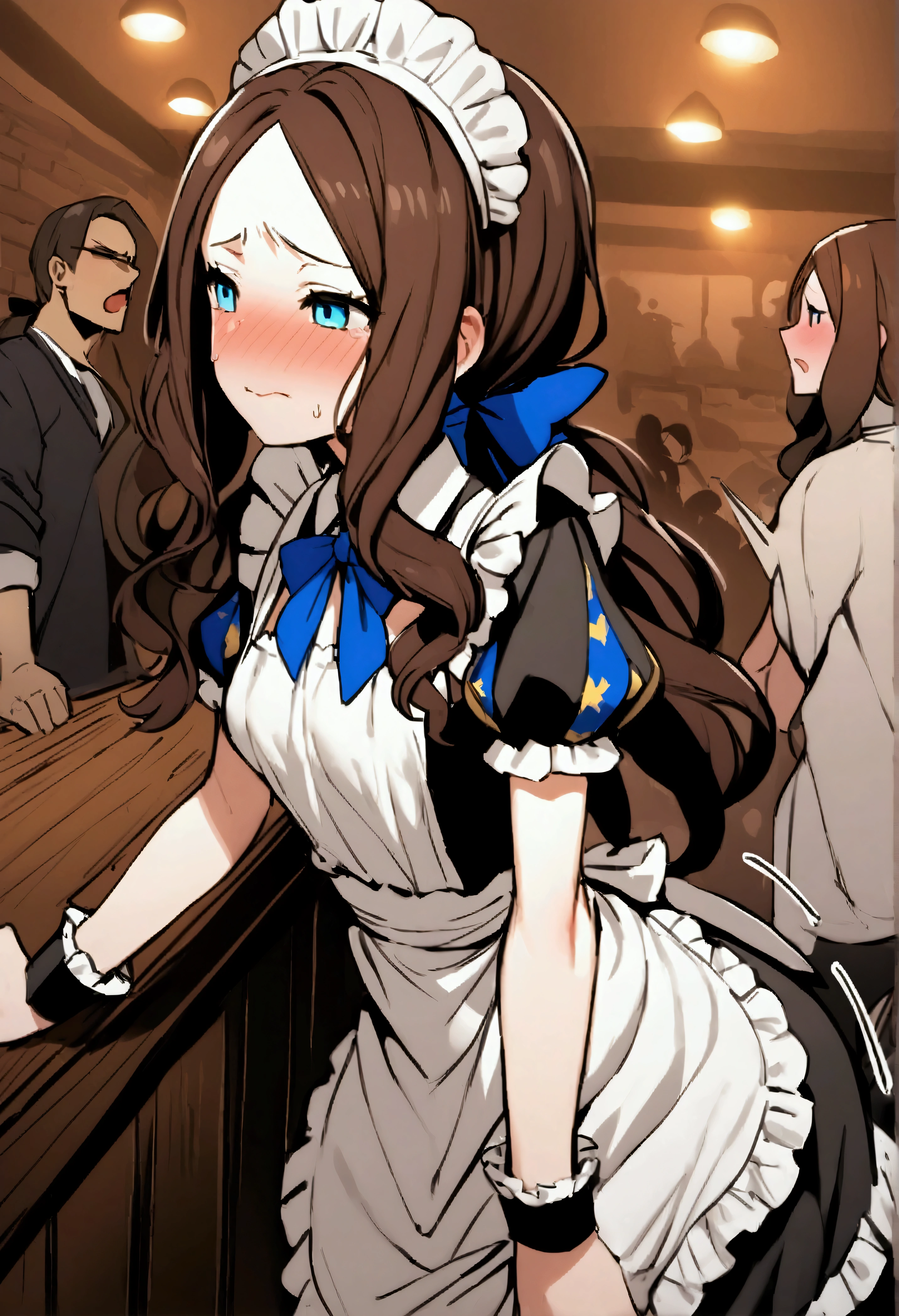 NSFW,masterpiece,Highest quality,High resolution,Very detailed,Leonardo da Vinci\(Fate/grandorder\),blue eyes,Long Hair,Brown Hair,Side Lock,Low Ponytail,ribbon,Short sleeve,Wrist cuff,maid,apron,Headdress, Black knee socks,Small breasts,Embarrassed,Nightlife,pub,(sexual harassment),(Being molested),I feel,Trembling