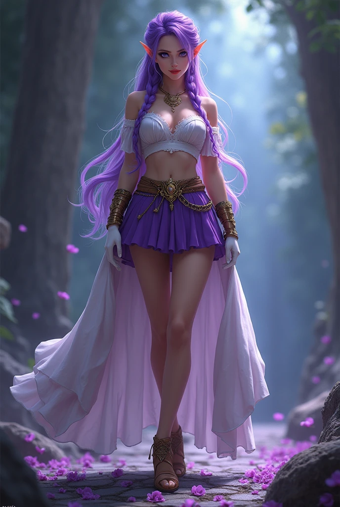 woman, 17 years, bright skin, long purple hair braided into one ponytail, purple eyes, slim, nice legs, White gloves, Purple short skirt, detailing,  perfect, латунные Bracelets on the legs и руках, wooden low heeled shoes, big breasts, green sleeves, open shoulders, elf, big butt, open legs, Bracelets on the legs, amethyst magic, White cloak, closed neck